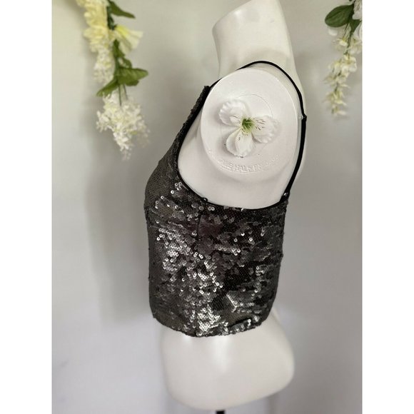 Vintage Sugar‎ Lips Sequin Cropped Camisole Cami Tank Top Gray Womens Size Small - Picture 4 of 12